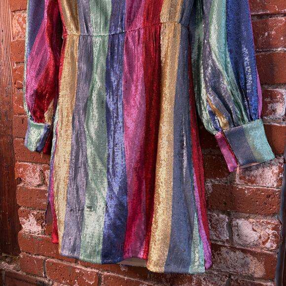 NWT RIXO Ava Rainbow Sequin Stripe Mini Dress Balloon Sleeve Long Sleeve XS - Picture 14 of 14